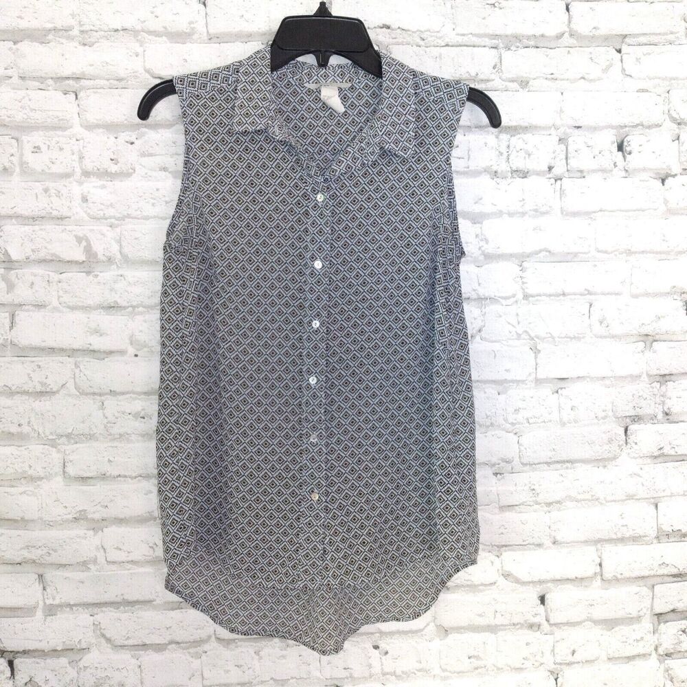 H&M Blouse Womens 4 Blue Geometric Sleeveless Button Up Hi Low Tunic
